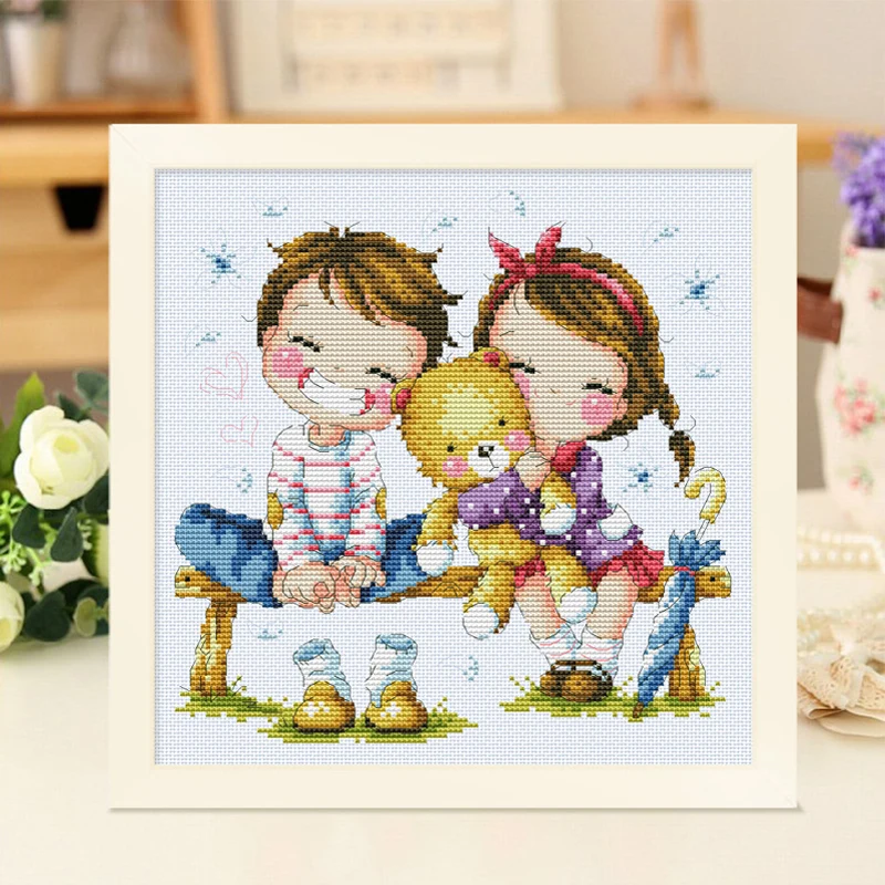 

Gold Collection Lovely Counted Cross Stitch Kit The Flower Rain of Love Boy Girl and Bear SO