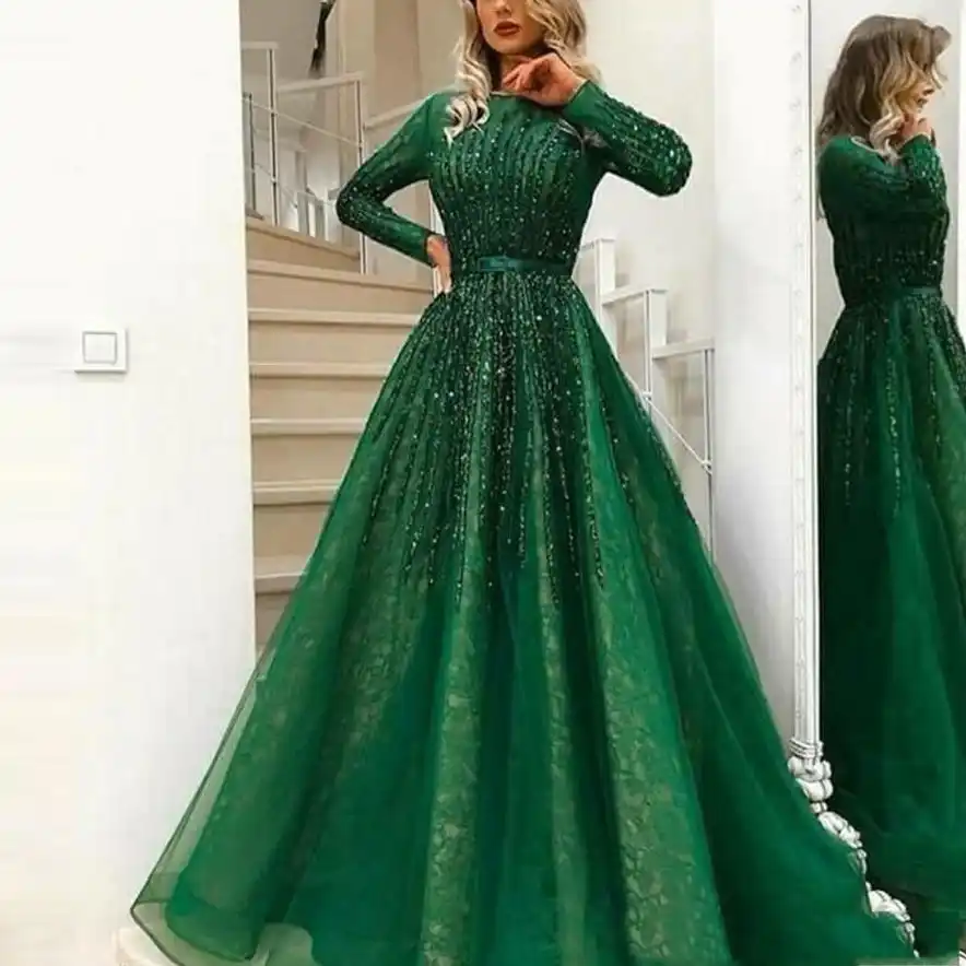 long sleeve green evening gown