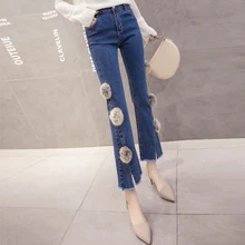 Negash бренд новая осенняя Женская Джинсовая джинсовые расклешенные брюки меховые шаровые джинсы длиной до щиколотки Высокая талия расклешенные брюки