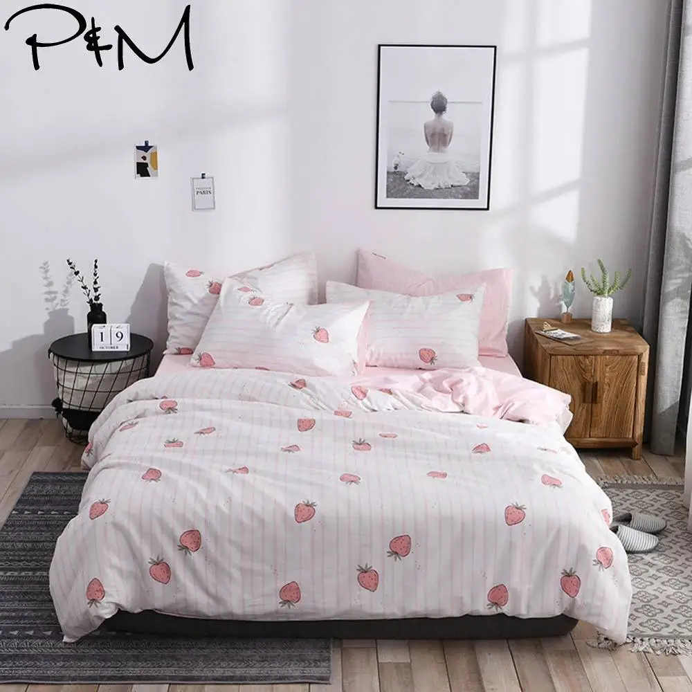 

2019 PAPA&MIMA Pink Strawberry Lines Scandinavian Duvet Cover Set Queen King Customize Size Cotton Bedlinens Bedding Sets