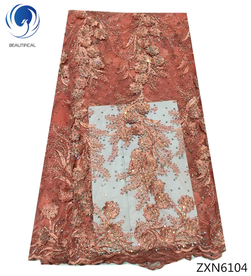 

BEAUTIFICAL embroidered bridal lace fabric 2019 new pattern stones french lace fabric in peach color ZXN61