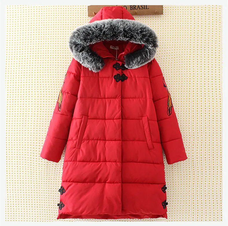 Для женщин зимняя куртка с хлопковой подкладкой китайский Стиль с капюшоном и меховой воротник свободные парки Женская зимняя обувь