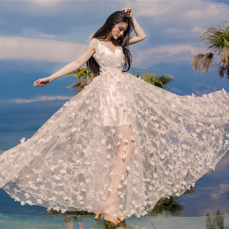 

HAMALIEL Women Big Swing Maxi Long Dress 2019 Summer Mesh Floral 3D Embroidery Spaghetti Strap Backless V Neck Holiday Dress