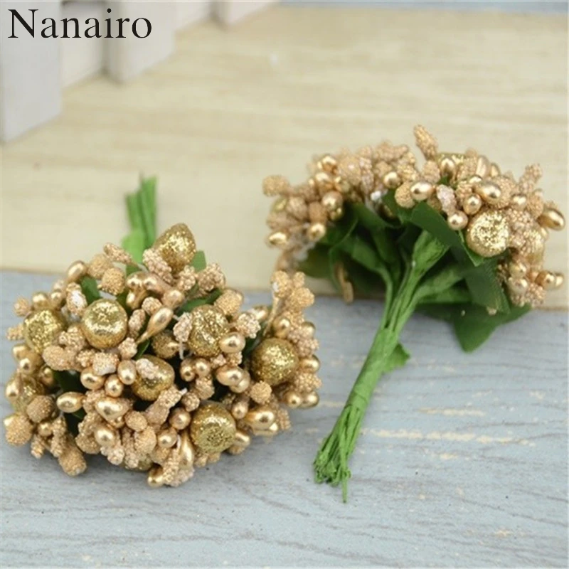 

100pcs/ lot Mulberry Artificial Berry Stamen Flower For Wedding Decoration DIY Wreath Scrapbooking Craft Cheap Gold Fake Flower