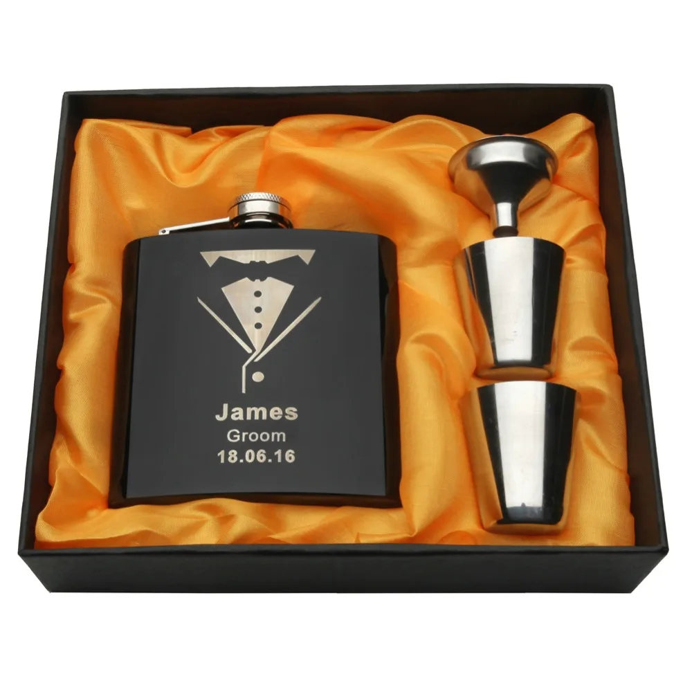 1 Set Personalized Engraved 6 oz Black Hip Flask Stainless Steel Wedding Birthday Valentine's Day Gift Favors FL02