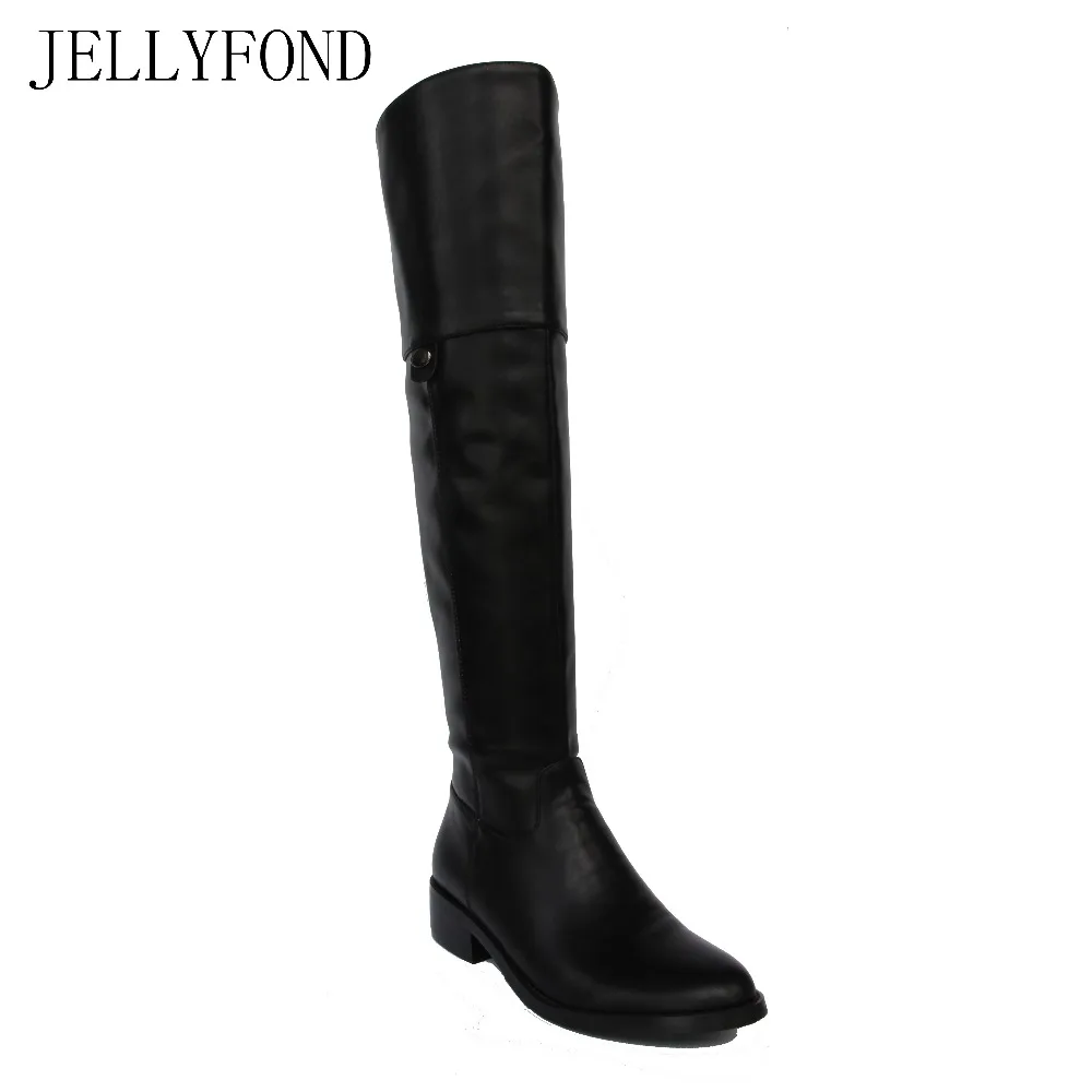

JELLYFOND Black Soft Leather Designer Thigh High Boots 2017 Round Toe Flat Heel Over the Knee Riding Boot Brand Shoes Woman