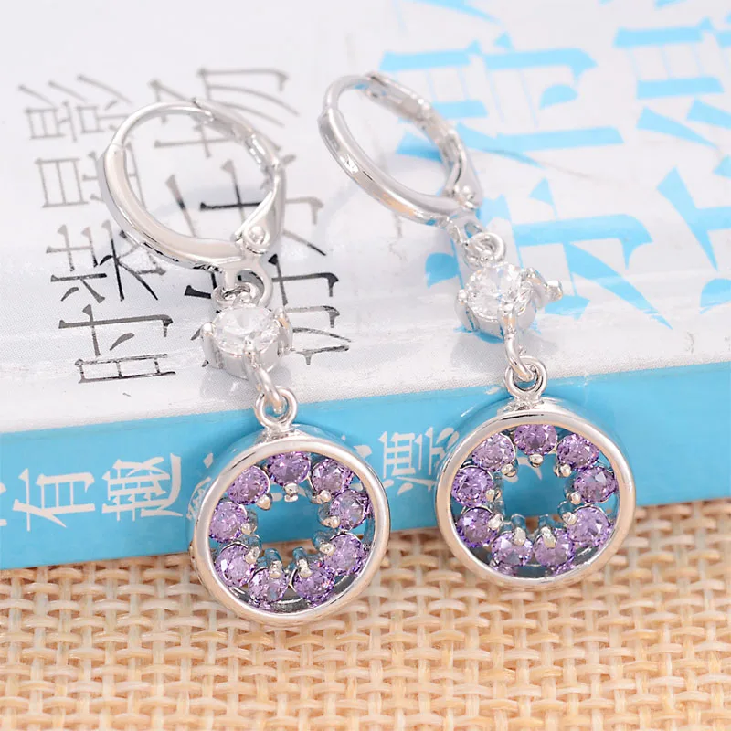 Silver with Purple Горячая Модный Роскошный, цвета шампань, золотистый круглый пончик серьги с цирконием камень женский подарок на день рождения бижутерия - Окраска металла: Silver with Purple