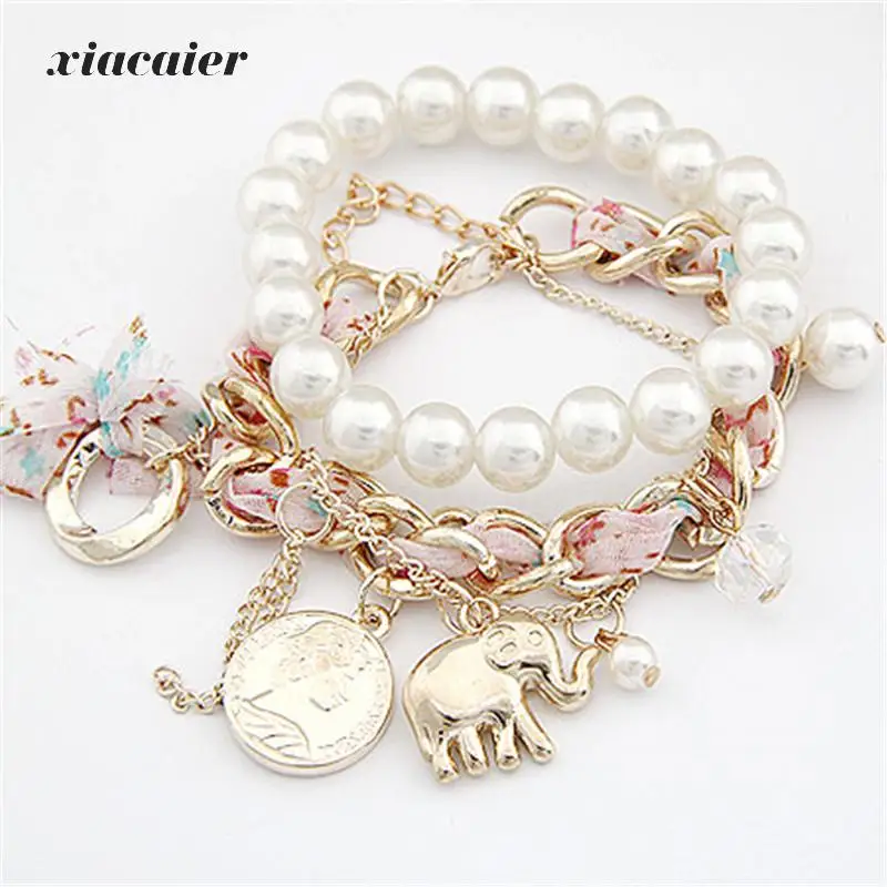 

xiacaier Golden Elephant Coin Charm Bracelet Simulated Pearl Bead Lace Chain Braided Elastic Strand Bracelets For Women Jewelry