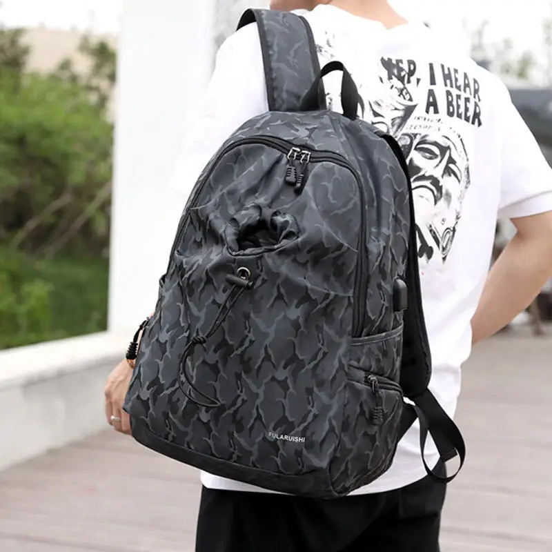 

Men Fashion Geometric Backpack Teenager USB Charge Waterproof Laptop School Bag Unisex Large Capacity Camouflage Travel Packet