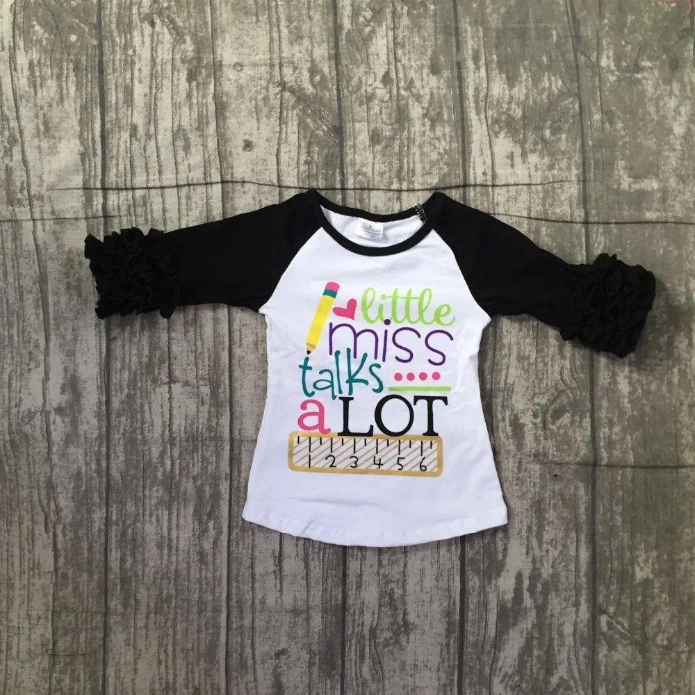 

baby girls three quarter icing boutique little miss talk a lot white black top shirts pencil Ruler clothes back to school cotton