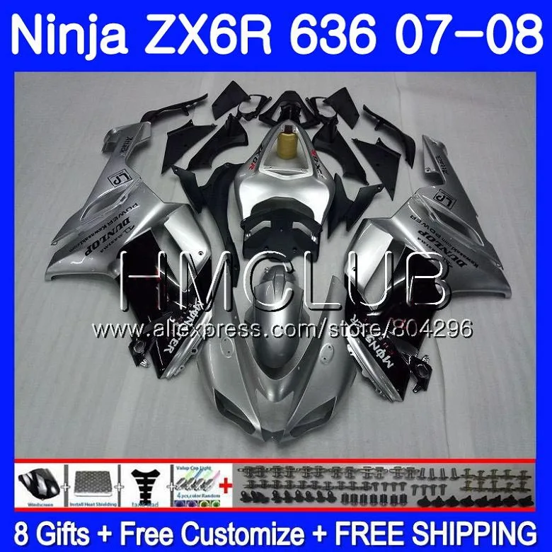 

Body For KAWASAKI NINJA ZX 6R 6 R 600CC ZX-636 ZX636 07 08 16HM.26 ZX600 ZX6R 07 08 ZX 636 ZX-6R 2007 2008 Silvery black Fairing