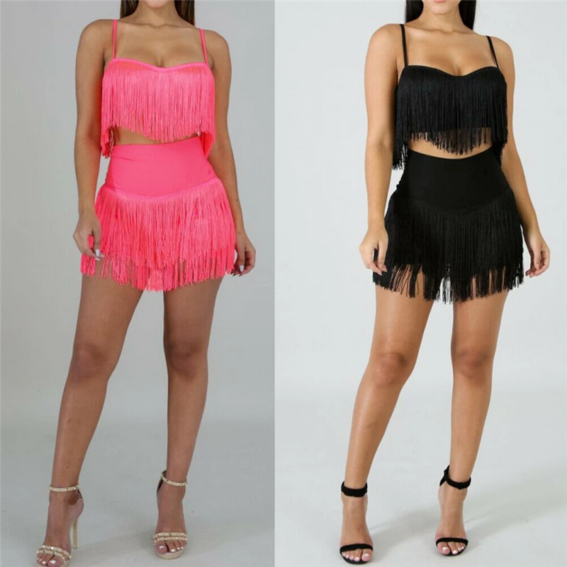 

Women Sexy Dancing Sets 2Pcs Summer Tassels Strappy Camis Crop Top+Mini Skirts Lady Fashion Party Club Beach Wear Clothes Suits