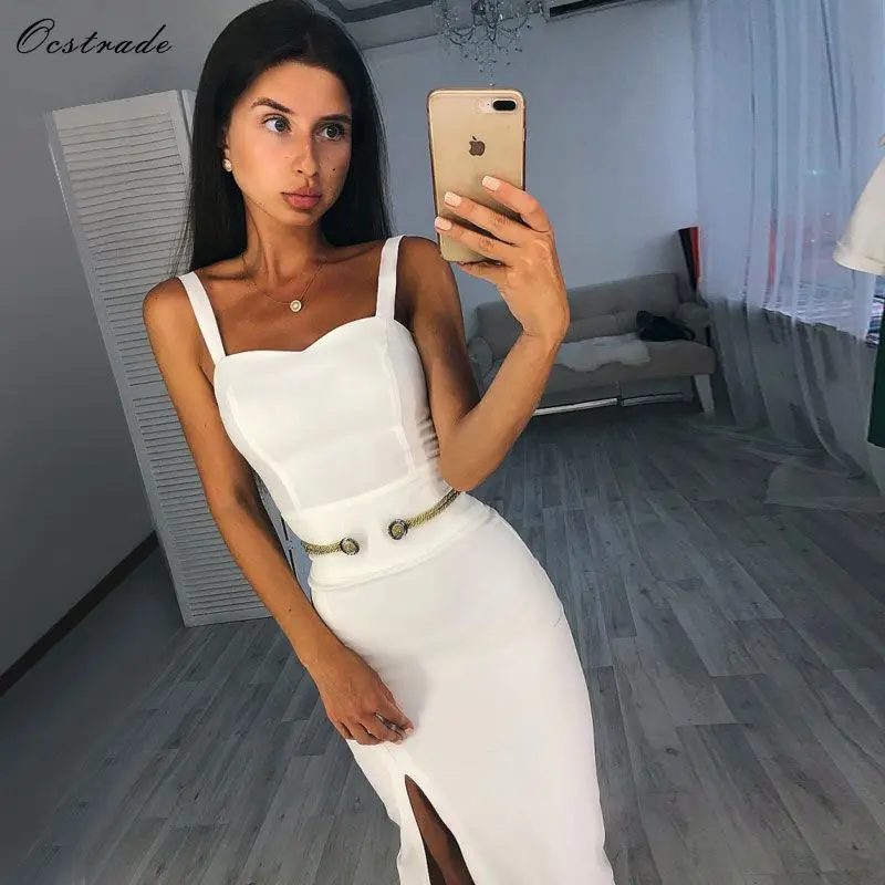 

Ocstrade New Year's Party 2019 Woman's Vestidos Midi Bandage Dress Spaghetti Straps Side Split Sexy White Bandage Dress Bodycon
