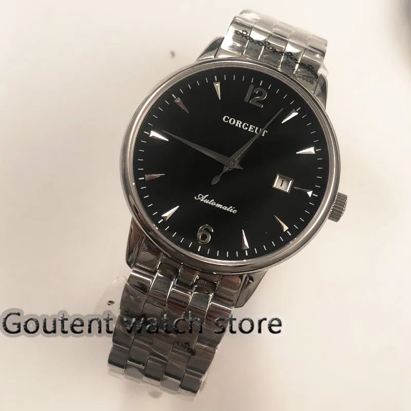 

40mm corgeut Date Black Dial Sapphire glass Bracelet Steel Automatic Watch