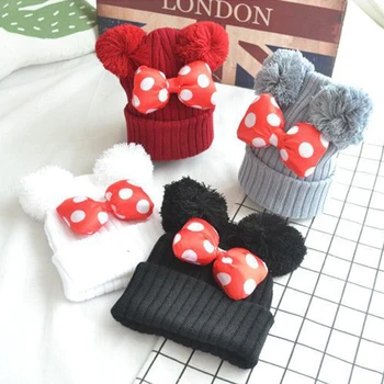 

cartoon Mickey Ear pom pom baby hat Baby Beanie Bonnet big dot bowknot knitted winter warm hats for newborns hats kids girls cap