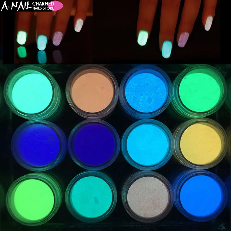 

12 Colors/set Nail Art Glitter Phosphor Luminous Powder UV Gel Polish Coat Nail Dust Nail Pigment For Nails Decoration Tools