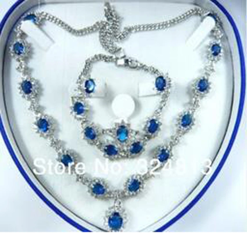 Свадебный Модный Ювелирный Набор для женщин Голубой цирконий ожерелье серьги кольцо браслет AA5689