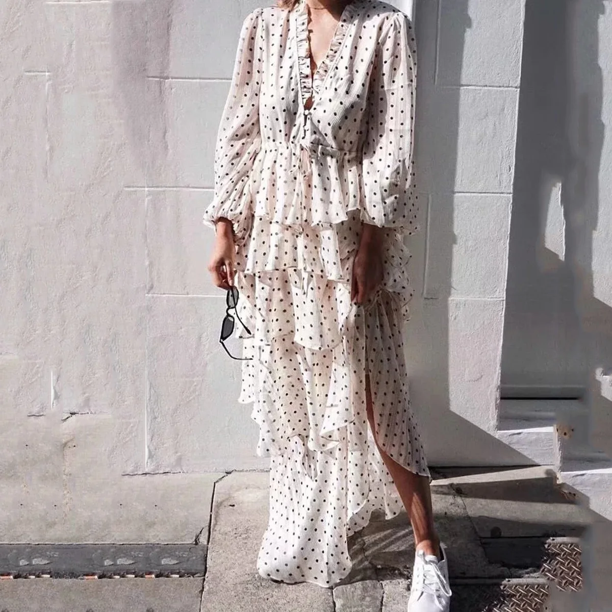 

V-Neck Polka Dot Print Ruffle Chiffon Hippie Chic Dress Women Boho Spring Puff Sleeve Drawstring Maxi Dresses