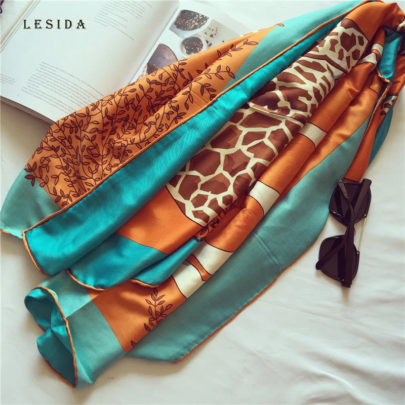 

[LESIDA]Women Twill Satin Silk Scarf Euro Fashion Giraffe Bird Printed Shawl Lady Large Square Scarf Tube Cape 140*140CM 3146