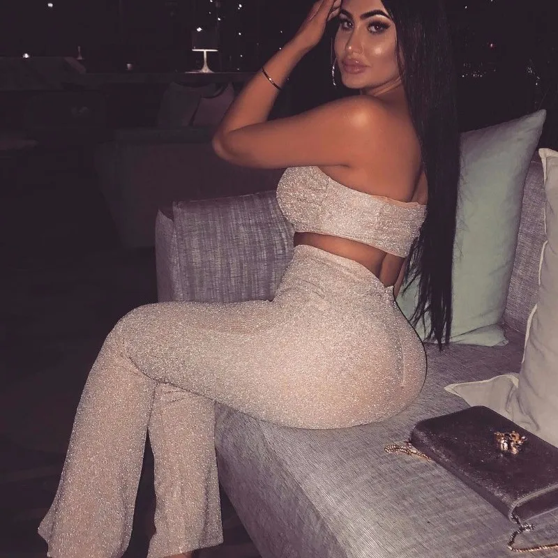 عاكس بريق اثنين من قطعة مجموعة النساء الصلبة حمالة الصيف أعلى وطويلة بانت المرأة مجموعة مثير حزب 2 قطعة مجموعة النساء وتتسابق
