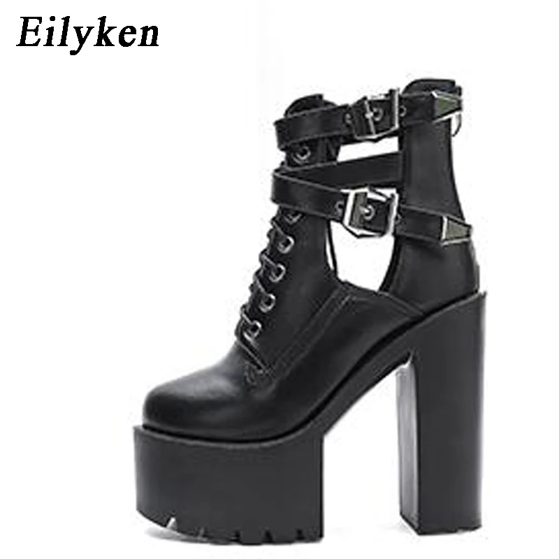 Eilyken Fashion 2019 Autumn Women Boots 15CM Platform Buckle Strap Lace Up Leather Short Sandals Boot Black White Ladies Shoes