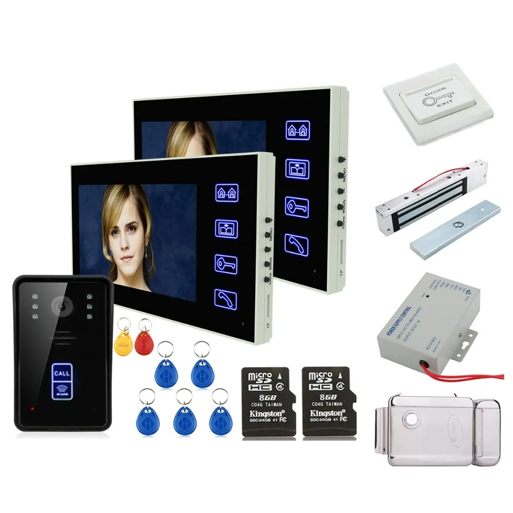 

Home Security 7" 2 X Monitors Recording RFID Video Door Phone Intercom Doorbell With 8G TF Card Night Vision+Electronic locks