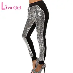 ЛИВА девушка мерцающие серебряные блестки Jogger для женщин длинные брюки для девочек 2019 Весна повседневное лоскутное стрейч брюк