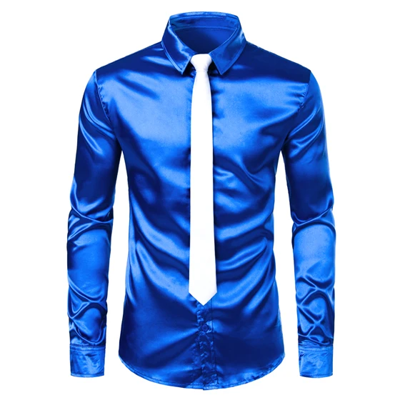 Men's Royal Blue Silk Satin Dress Shirts with White Bowtie New Slim Fit Long Sleeve Men Tuxedo Shirt for Party Wedding 3XL - Цвет: 3