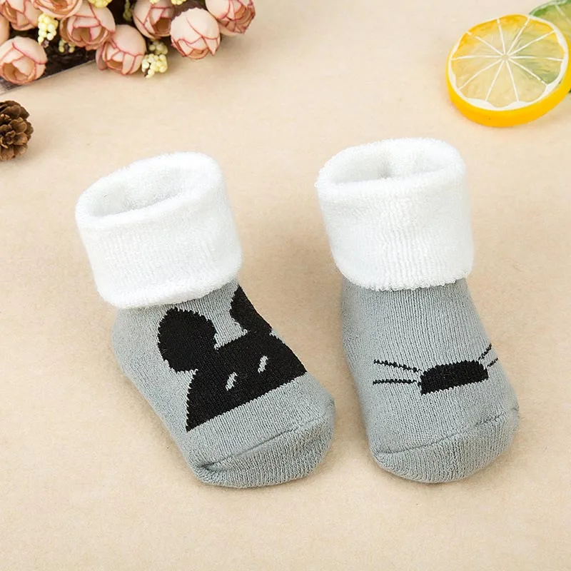 Толстые теплые махровые носки с животными для новорожденных весенне-зимние детские носки для девочек и мальчиков, хлопковые детские Нескользящие носки-тапочки meia infantil - Цвет: gray mouse