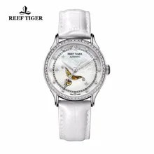 Reef Tiger Designer Fashion Watch with White MOP Dial Steel Watches For Women Diamonds Automatic Watch
