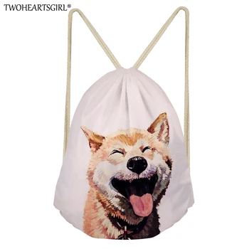 

TWOHEARTSGIRL Women's Cute Corgi Printing Drawstring Bag Function Backpack School Kids High Capacity Beach String Shoulder Bag