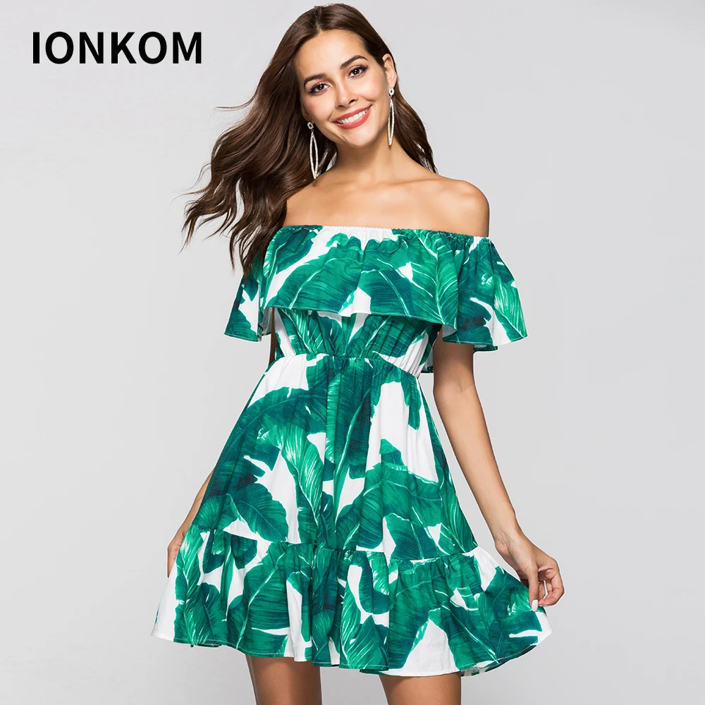 IONKOM Green Tropical Print Vacation Bohemian Beach Ruffle Sleeveless A