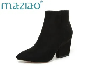 

MAZIAO Brand Hot 2018 Autumn Sexy Woman Ankle Boots Fashion Black Motorcycle Boots Pointed Toe High Heel Pu Leather Shoes Woman