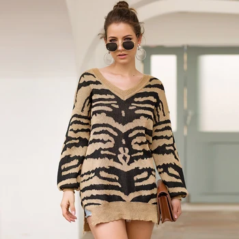 

New Autumn Winter V Neck Knitting Casual Long Sleeve Printed Sweater Loose Female Pullovers Female Streetwear Tops