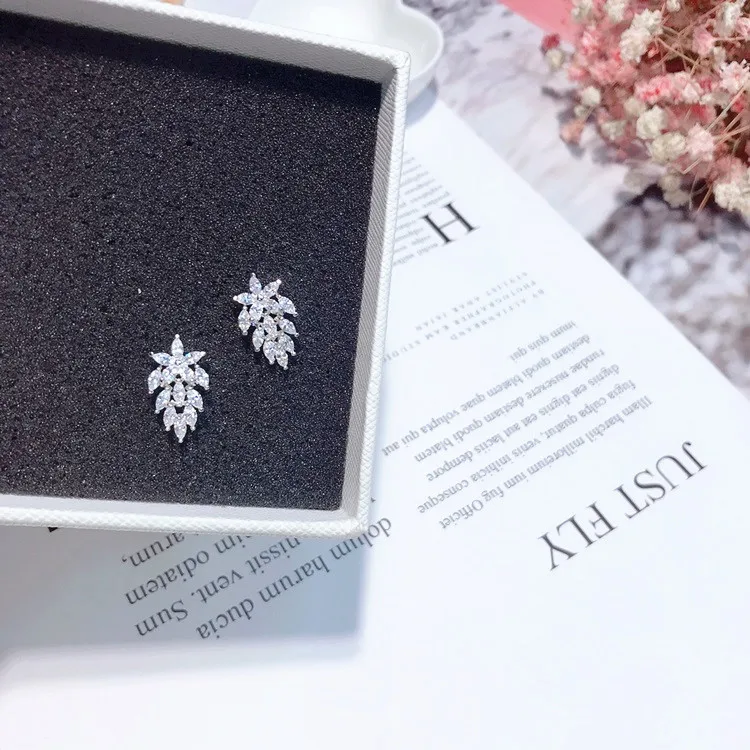 leaves full cz earrings 925 silver post Hypoallergenic fadeless fashion jewelry stud earrings for women girl Christmas gift