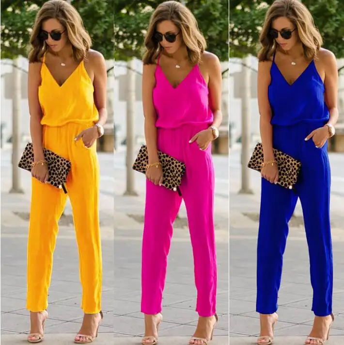 

High Street Summer Vacation Fashion Casual Women Sexy Strap V Neck Solid Empire Slim Sleeveless Bodycon Jumpsuit Romper Trousers