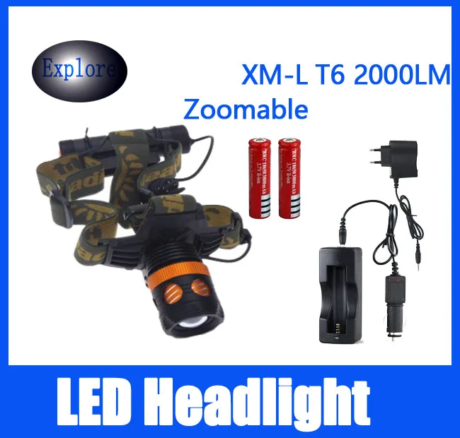XML T6 LED Hiking Torch 2000 Lumens Boruit Head Lamp light Headlamp Headlight DC Car Charger