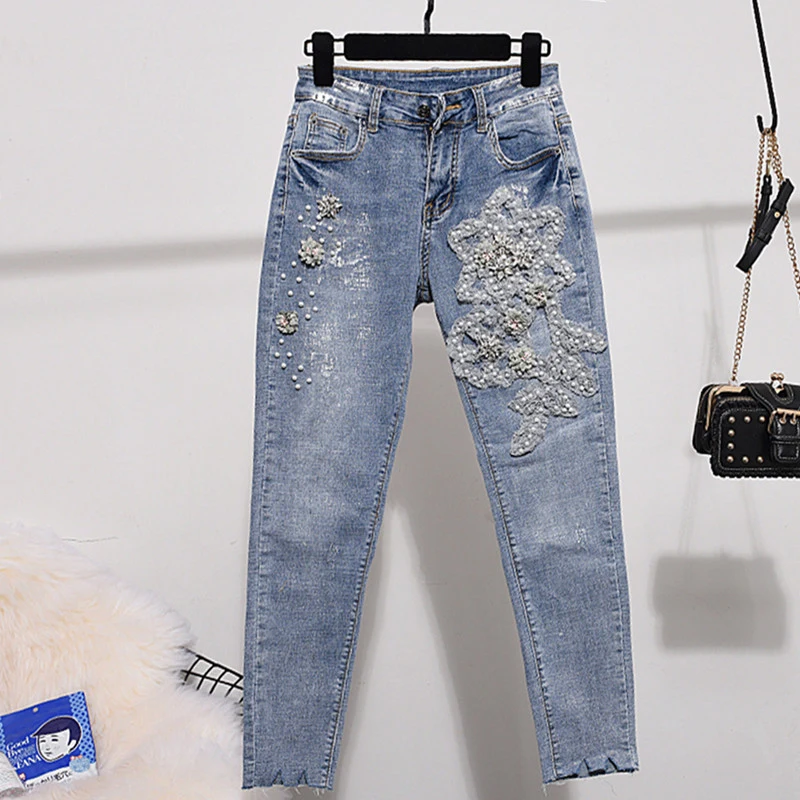 

2019 Jeans Female Denim Pants Womens Stretch Bottoms Feminino Skinny Pants For Women Trousers Blue Jeans Pants Beading Pattern