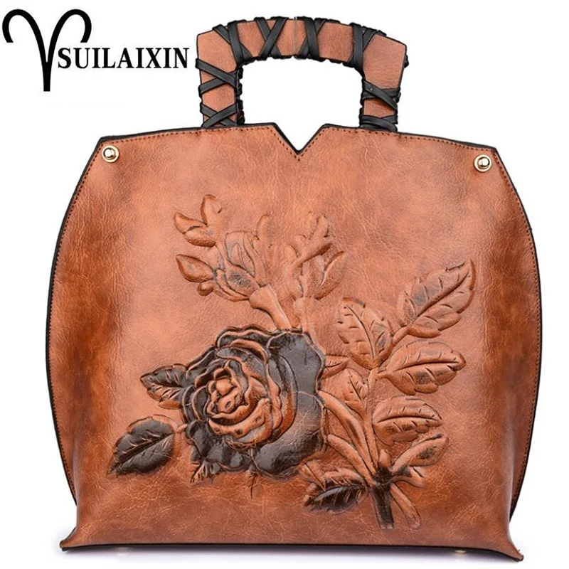 

Designer Leather Hobo Bucket Bags Large Embroidery Embossing Printing retro Floral Handbag Luxury Tote Bag bolsa feminina