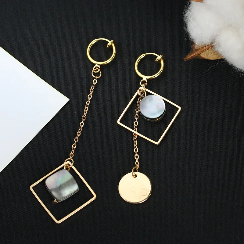 

JIOFREE Korea Style Natural shell Geometric Long asymmetric Clip on Earrings Without Piercing for Women No Ear Hole jewelry