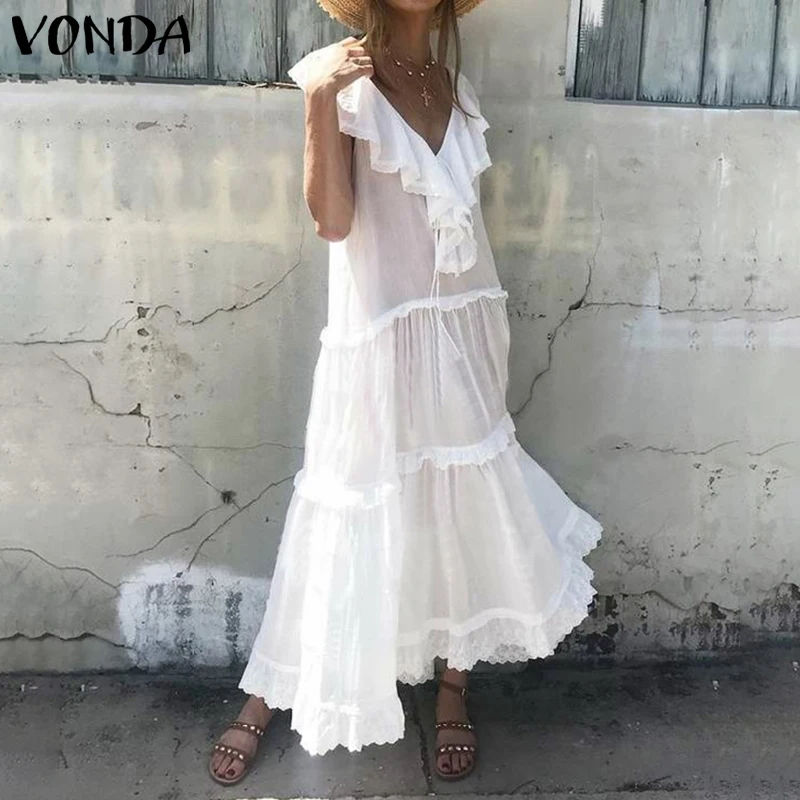 

VONDA White Dresses Women Sexy Deep V Neck Ruffle Sleeveless Maxi Long Dress Summer Beach Bohemian Party Sundress Plus Size 5XL