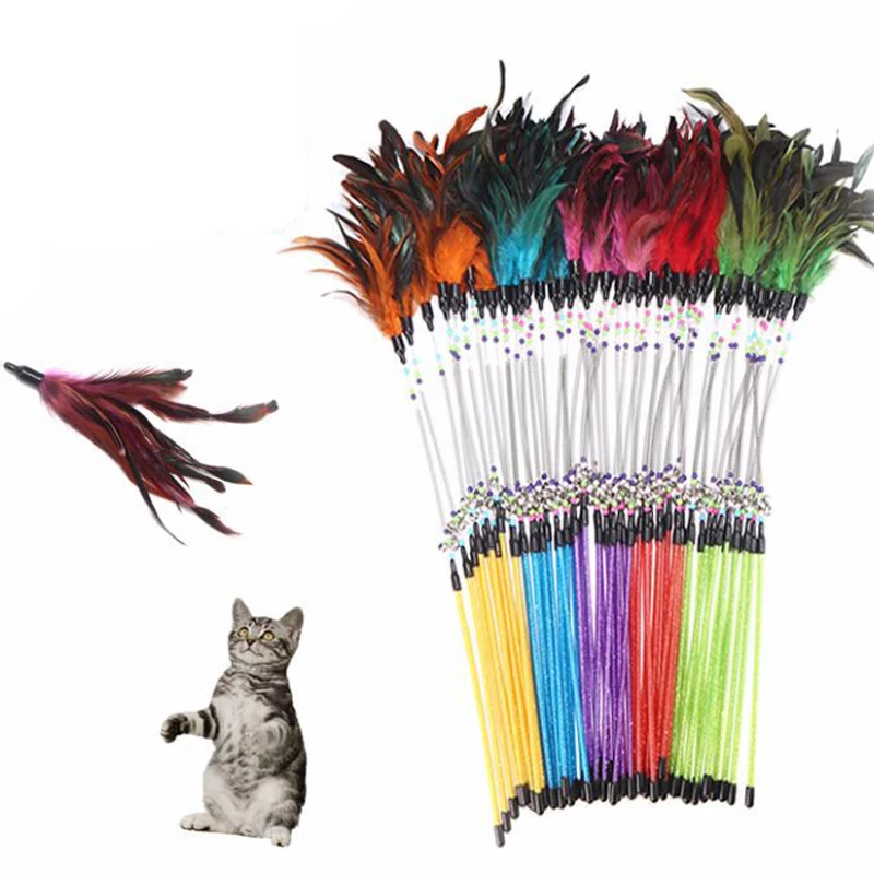 Красочные перья игрушки для кошек забавные Пружинные стержни с бусинами колокольчики котенок Интерактивная Пластиковая Палочка кошачья палочка игрушки для домашних животных товары для кошек