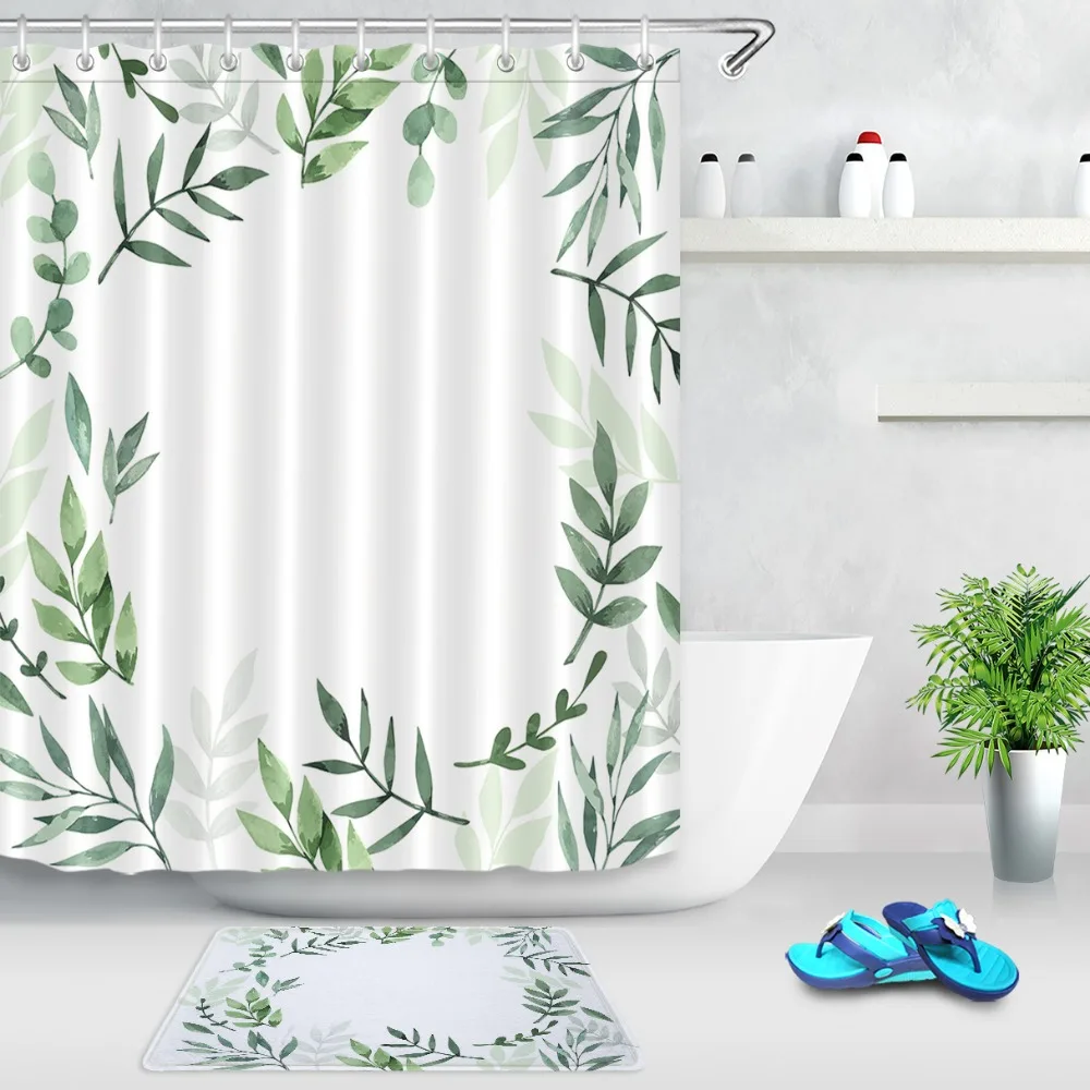 

Green Plants Floating On White Background Bathroom Waterproof Polyester Fabric Printing Shower Curtain Anti-Slip Mat