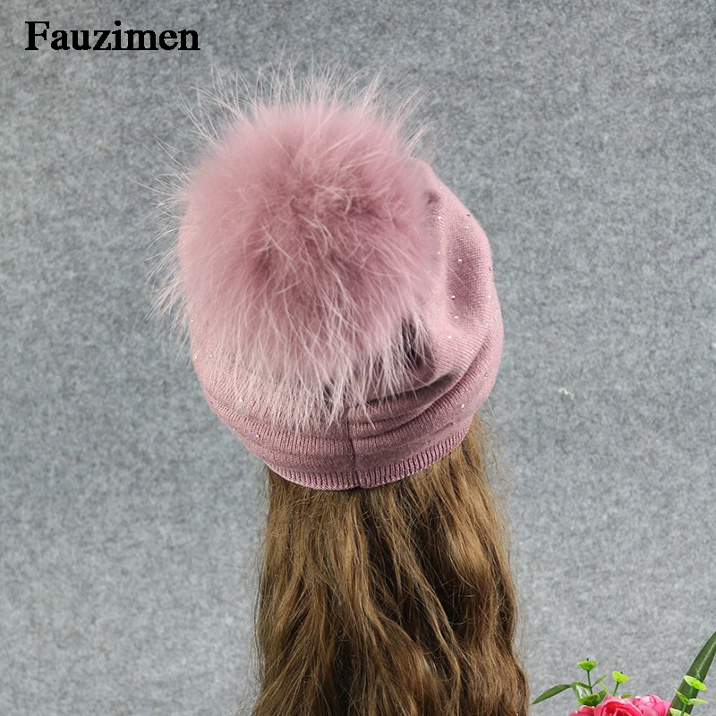 Для женщин Череп Шапка-бини элегантный натуральный мех енота помпон Кепки Красочные вязаный шерстяной шляпа мягкого Бейсбол Лыжная шапка