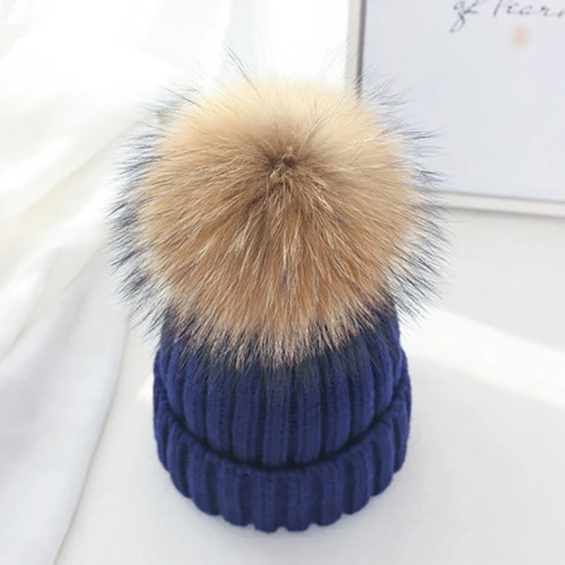 Real Fur Hat Knitted Real fox hair bulb Pom Pom Hat Women Winter Hat Unisex Kids Warm with wool Chunky Thick Stretchy Knit hat - Цвет: mink Navy