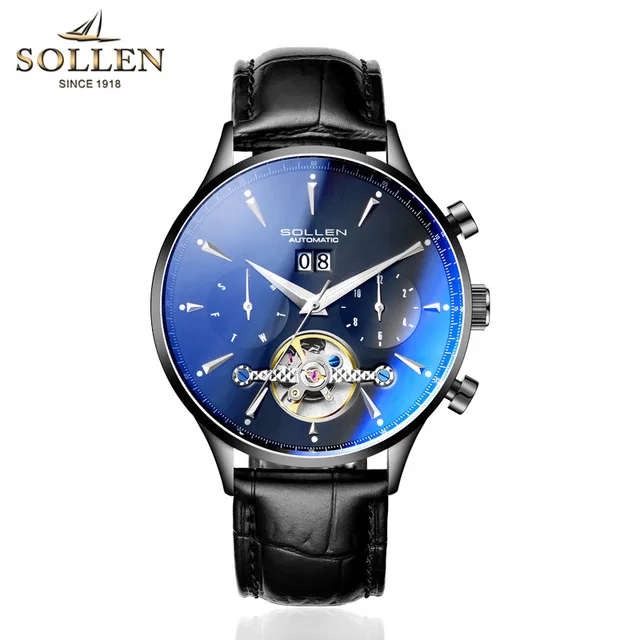 SOLLEN синий океан геометрический дизайн Турбийон Скелет циферблат Мужские часы лучший бренд класса люкс автоматические Модные механические часы - Цвет: Silver Black