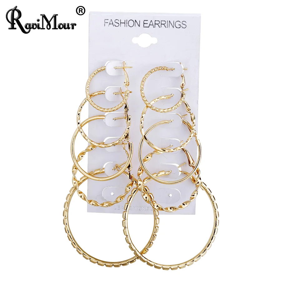 

RAVIMOUR Minimalist 5 Pair/Set Big Twisted Circle Hoop Earrings Set for Women Gold Color Round Earing Female Jewellery Wholesale