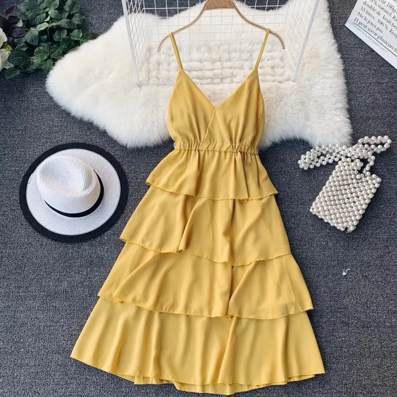 

Ruffles V Neck Fashion New Sexy Summer Spaghetti Strap Midi Dress Party Women Casual Evening Beach Cake High Waist Vestidos