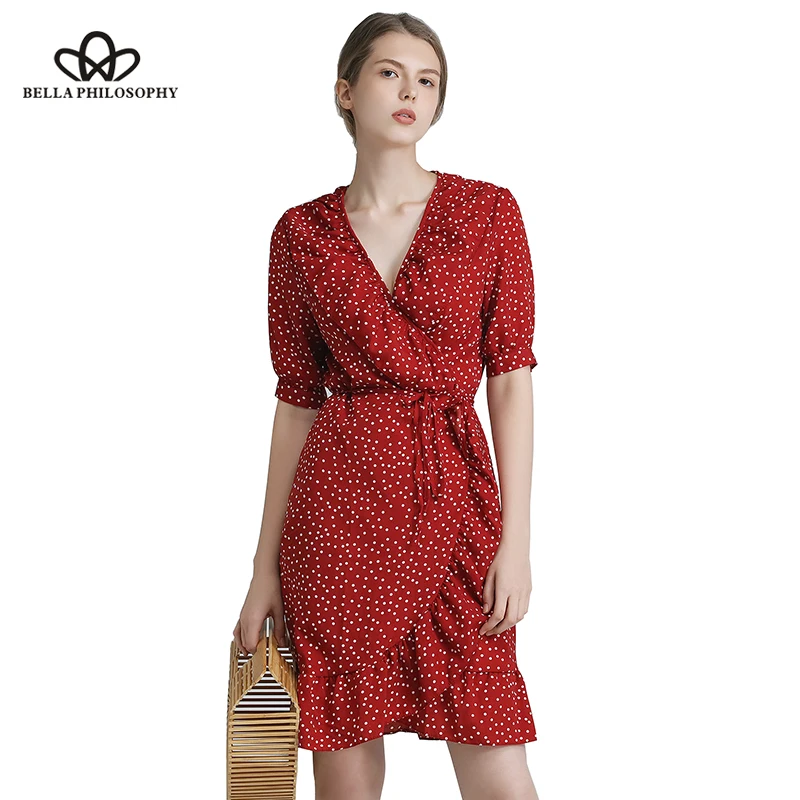 Wonder 2018 new autumn vintage one piece polka dot print dress ruffles wrap knee-length dress v neck short sleeve vestidos dress