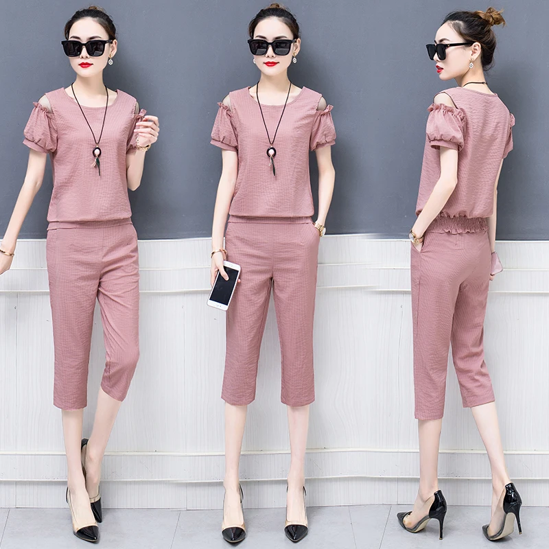 

Pink 2 Piece Set Women Pant Suits and Top Off Shoulder Summer 2019 Outfit Tracksuit Solid Co-ord Set Ruffles Striped Clothing